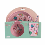 SET 5 IN 1 CON BICCHIERE, BOWL, PIATTO, CUCCHIAIO E FORCHETTA IN RPET UNICORN