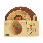 SET 5 IN 1 CON BICCHIERE, BOWL, PIATTO, CUCCHIAIO E FORCHETTA IN RPET ANIMALS