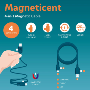 CAVO MAGNETICO 4 IN 1 DI RICARICA E SINCRONIZZAZIONE LEGAMI MAGNETICENT - PETROLIO