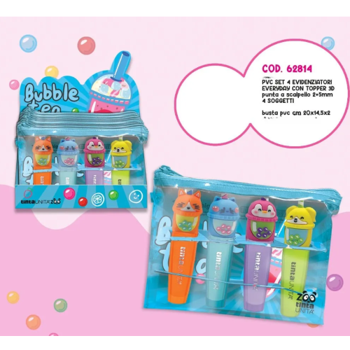 SET DA 4 EVIDENZIATORI TINTA UNITA ZOO BUBBLE TEA