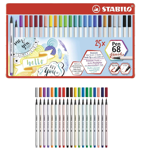 SCATOLA IN METALLO 25 PENNARELLI PEN 68 BRUSH STABILO 