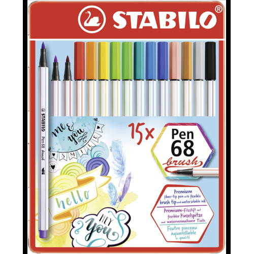 SCATOLA IN METALLO 15 PENNARELLI PEN 68 BRUSH STABILO 